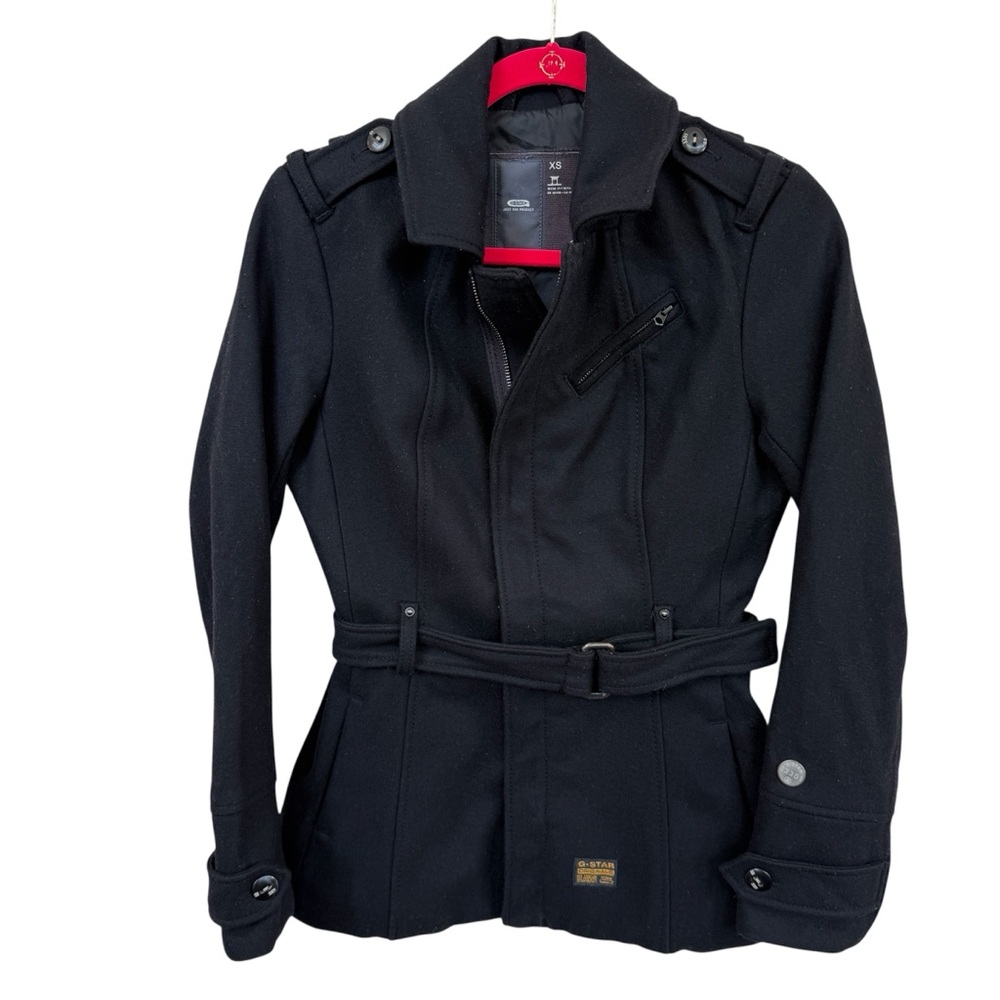 G-Star Raw Black Wool Belted Military Moto Jacket XS Wool Blend Chic Peacoat‎